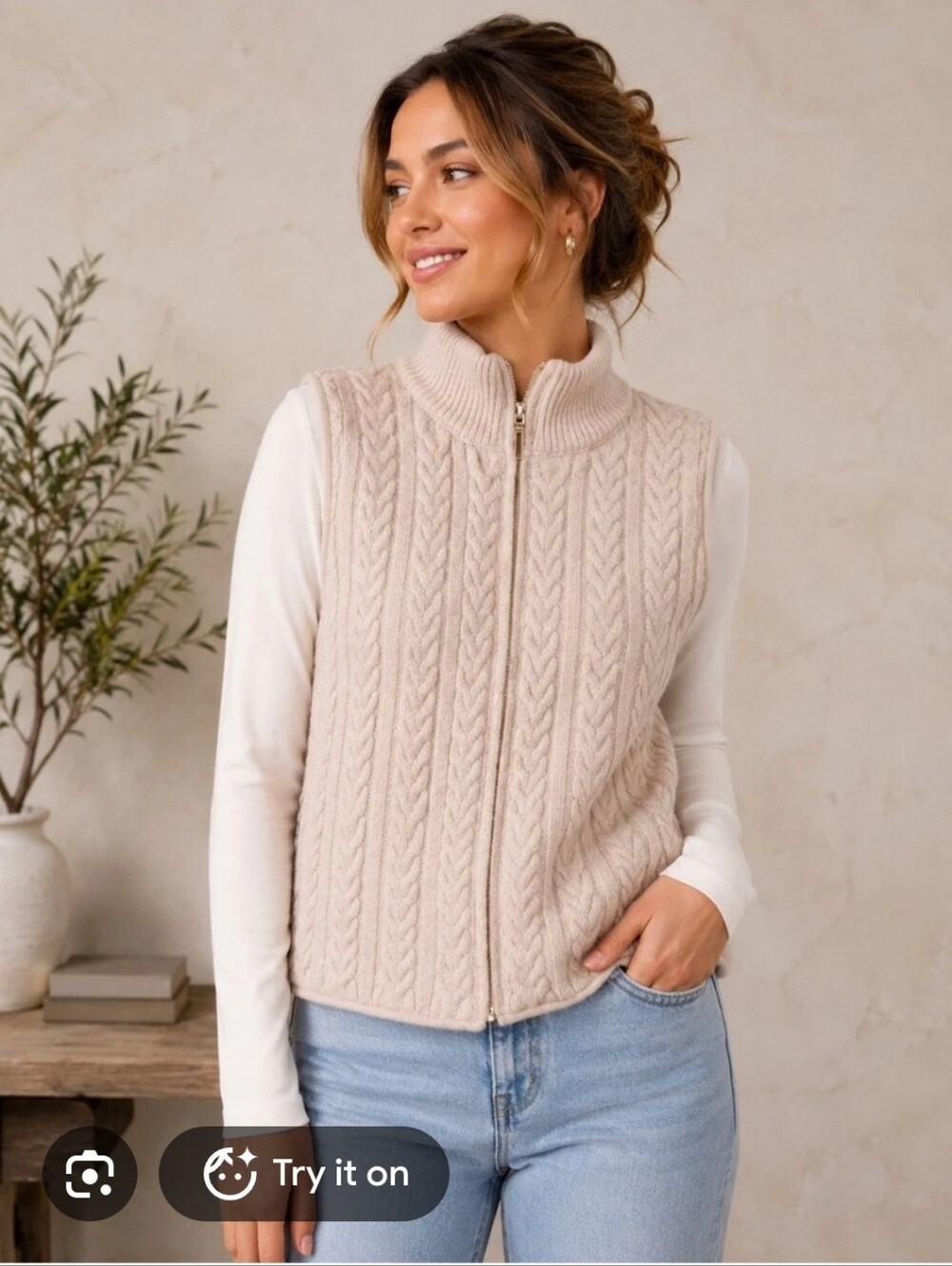 Joie Cream Cable Knit Zip V-Neck Vest Size XL